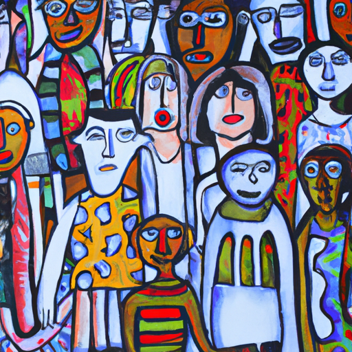 An abstract painting of a diverse group of people from all backgrounds