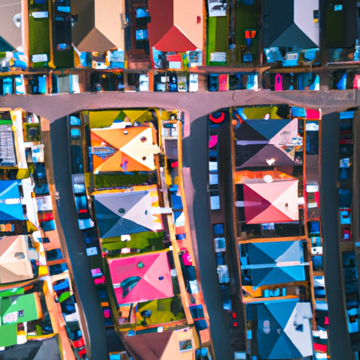 an aerial view of a neighborhood with brightly colored houses