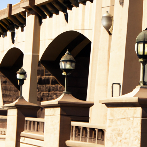 A bridge spanning the Colorado River with its intricate stone archways and its bright street lamps