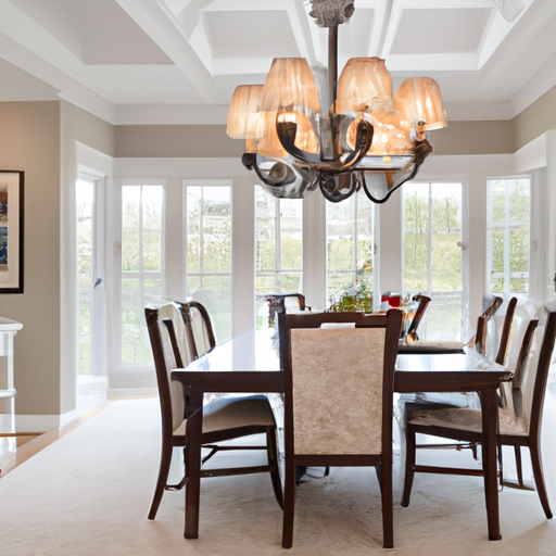 A bright and airy dining room with a statement light fixture