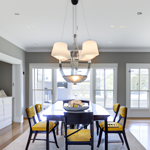 A bright and airy dining room with a statement light fixture