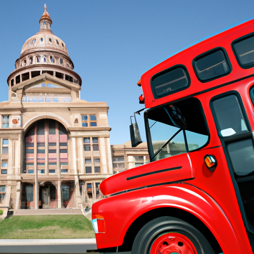 A bright red bus in front of an Austin landmark