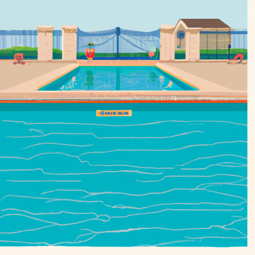 A bright illustration of a swimming pool in a gated community