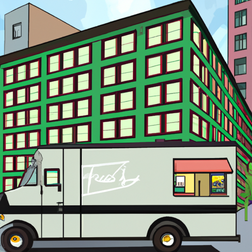 cartoon of a modern apartment building with a food truck in the background