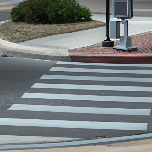 a closeup of an intersection with a crosswalk and wheelchair ramp