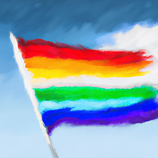 A colorful painting of a rainbow flag blowing in the wind