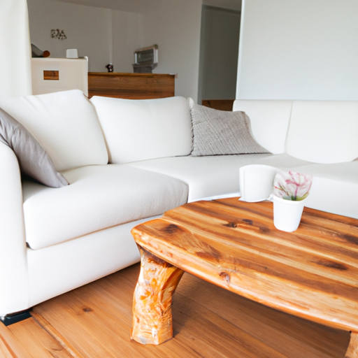 A cozy living room in a vacation rental with a white sofa and a wooden coffee table