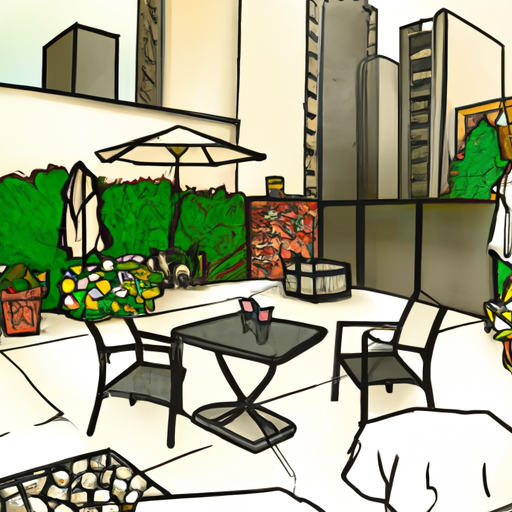 A drawing of a backyard patio with a garden and a view of the city