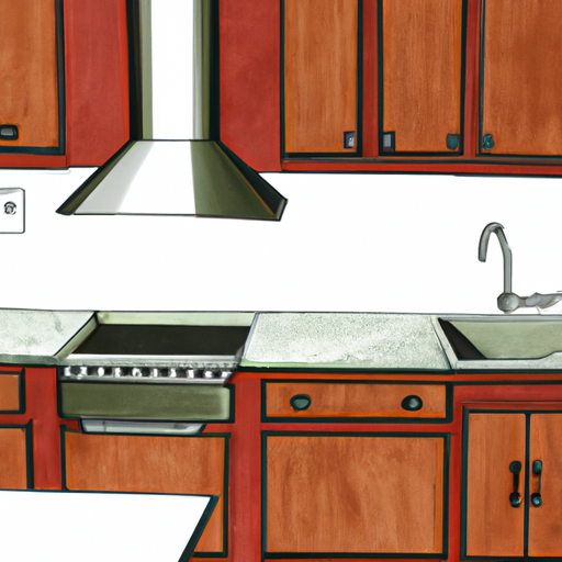 A drawing of a kitchen with recycled countertops