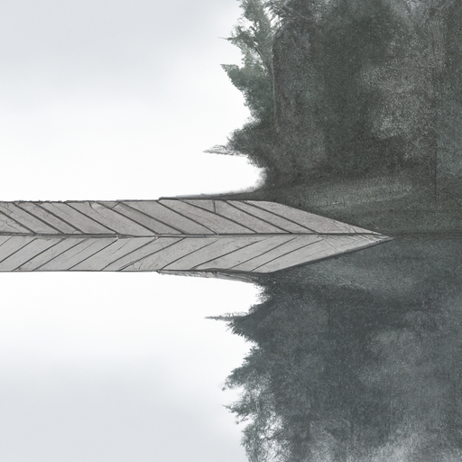 A drawing of a lake with a dock and the reflection of the trees in the water