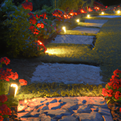 A grey stone pathway lined with colourful flowers and shrubs illuminated by solar lights