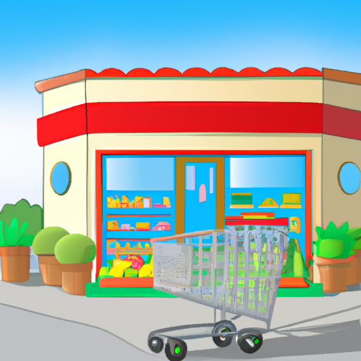 an illustrated grocery store with shopping carts outside