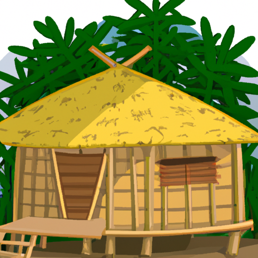 An illustration of a bamboo house nestled in a forest