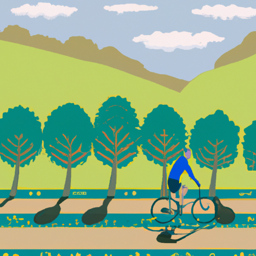 An illustration of a bicyclist on a path lined with trees and hills in the background