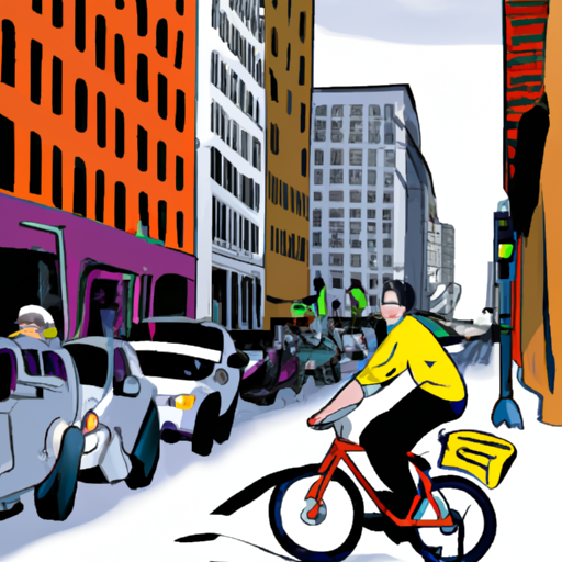 An illustration of a bike rider pedaling through a busy city street