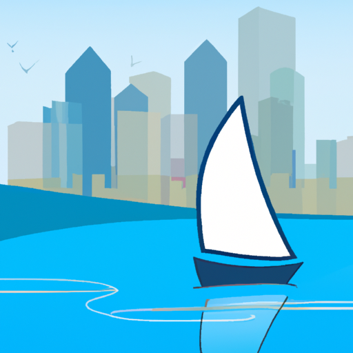 An illustration of a boat sailing in a lake with a city skyline in the background