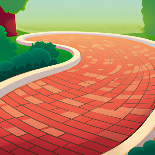 An illustration of a red brick road winding through a green park