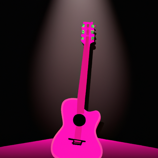 an illustration of a bright pink guitar illuminated by a spotlight on a dark stage