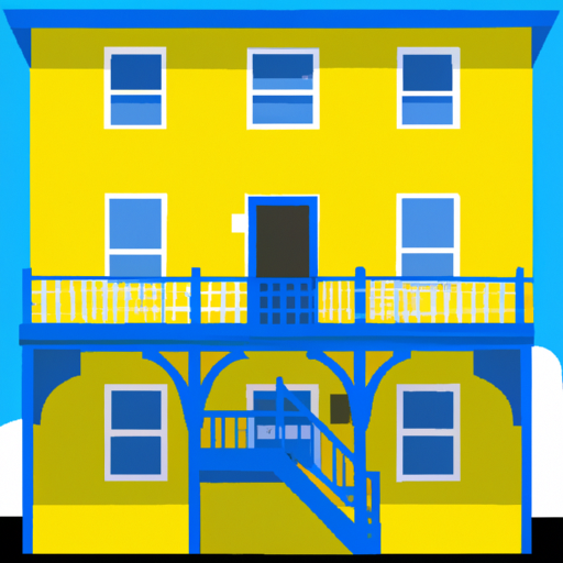 An illustration of a bright yellow and blue house with a large porch