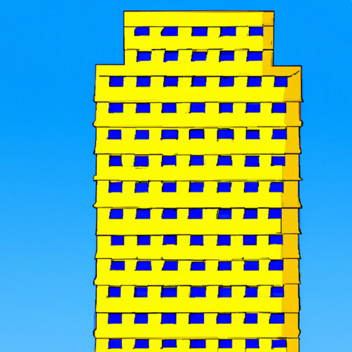 An illustration of a bright yellow skyscraper against a blue sky