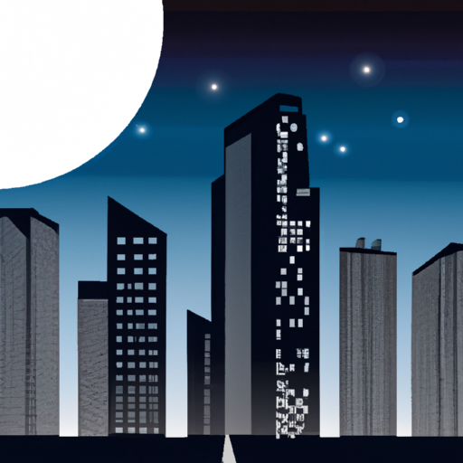 An illustration of a city skyline with a bright full moon in the sky