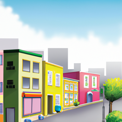 An illustration of a city street with a colorful mural on the side of a building