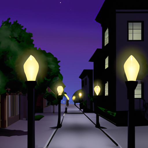 An illustration of a city street lit up with street lights and a sidewalk on either side