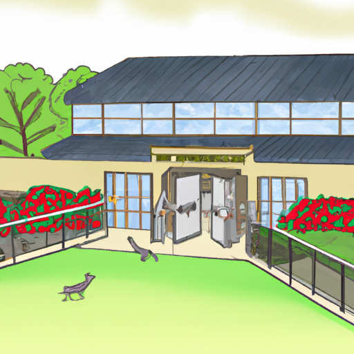 An illustration of a clubhouse in a gated community with a garden