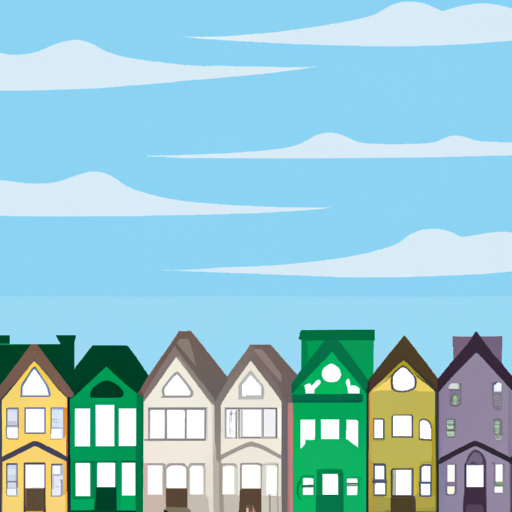 An illustration of a collection of colorful buildings against a blue sky