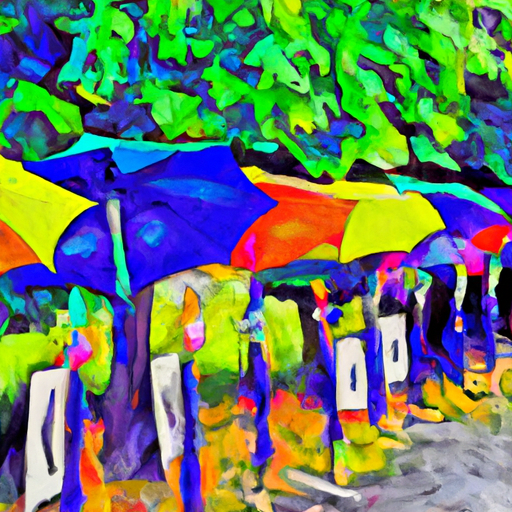 An illustration of a colorful collection of umbrellas in a park