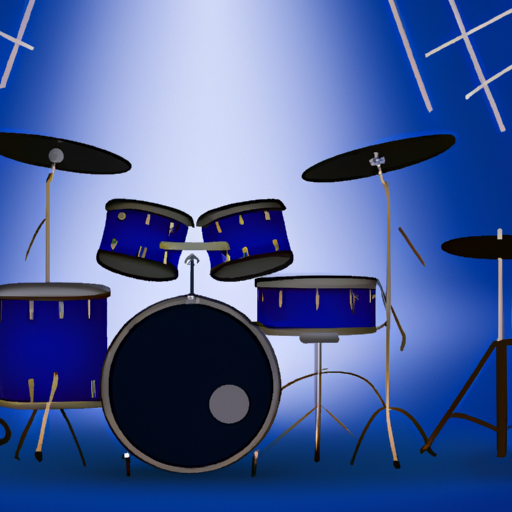 an illustration of a drum set on a stage with bright blue lights