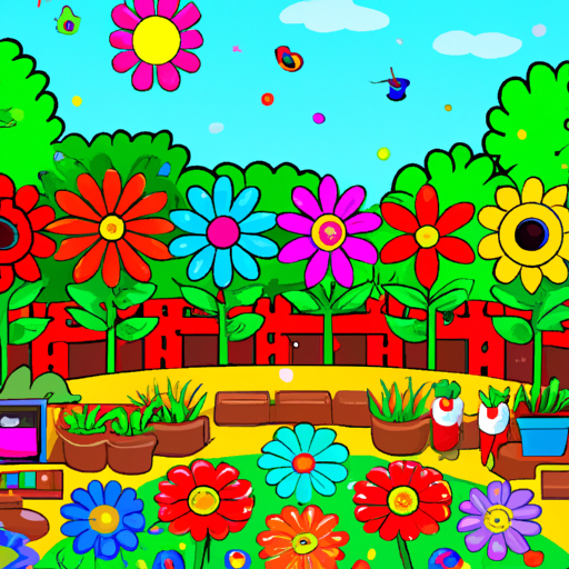 Illustration of a garden with bright colors of flowers and plants