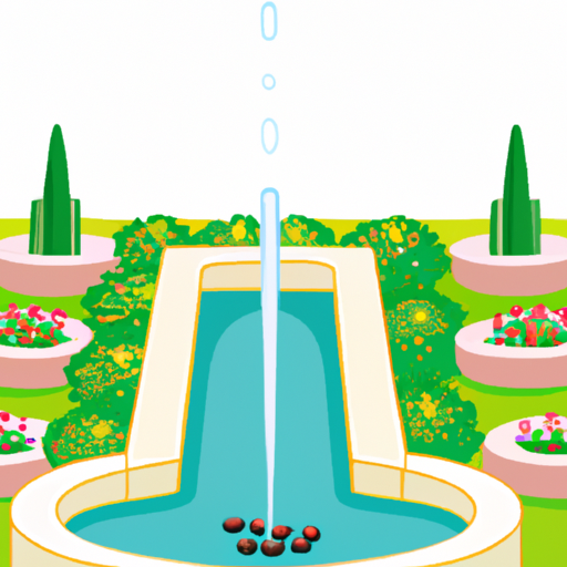 An illustration of a garden with a lowflow fountain