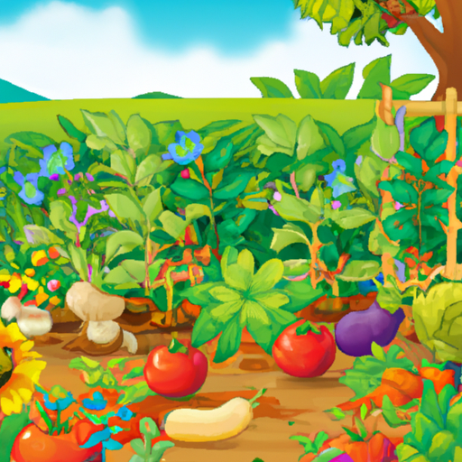 Illustration of a garden with a variety of fruits and vegetables in the foreground