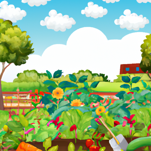 Illustration of a garden with a variety of vegetables in the foreground