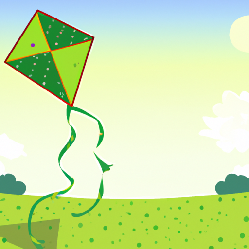 an illustration of a green kite flying in the sky over a park