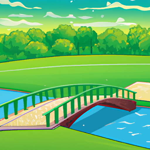 An illustration of a green park with a bridge crossing a lake