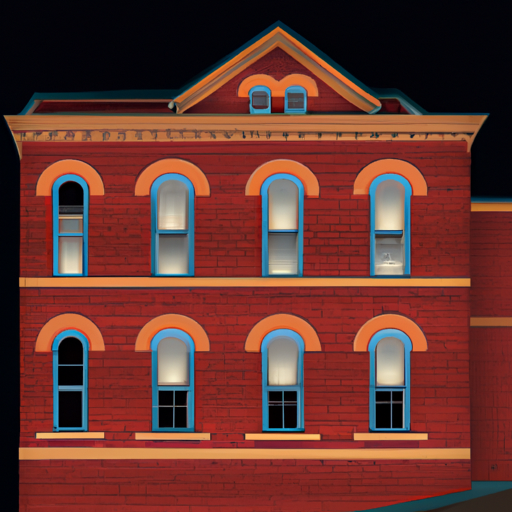 An illustration of the O Henry Museum with its red brick exterior and illuminated windows