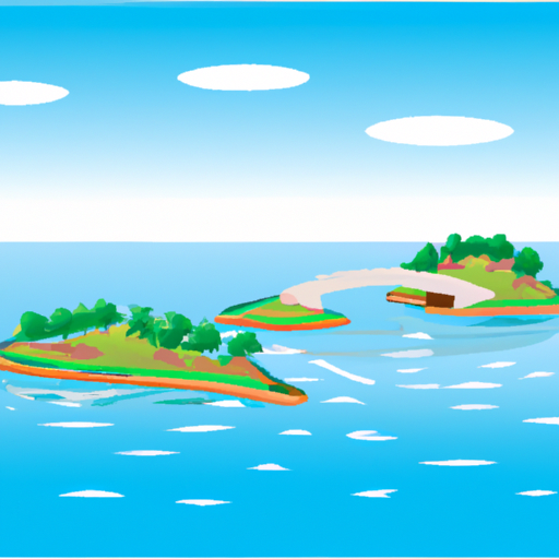 An illustration of a lake with small islands and a bridge in the background