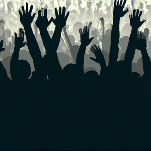 an illustration of a large crowd at a concert with their hands in the air