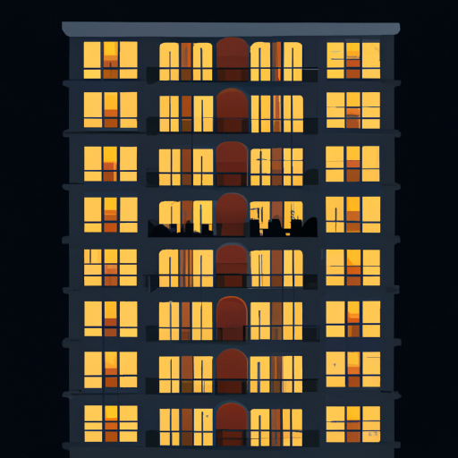 An illustration of a luxury apartment building at night with dimly lit windows and balconies