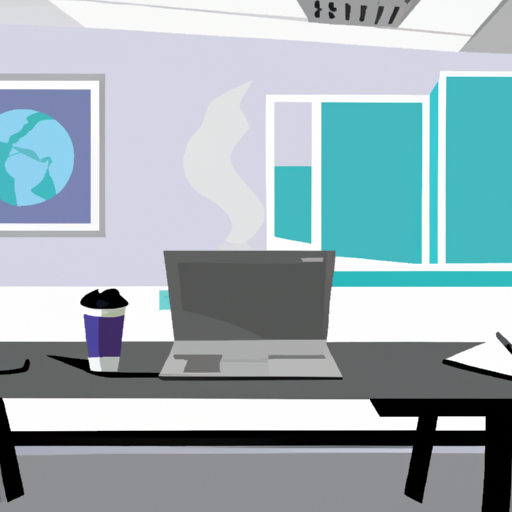 An illustration of a modern office with a laptop and a cup of coffee on the desk