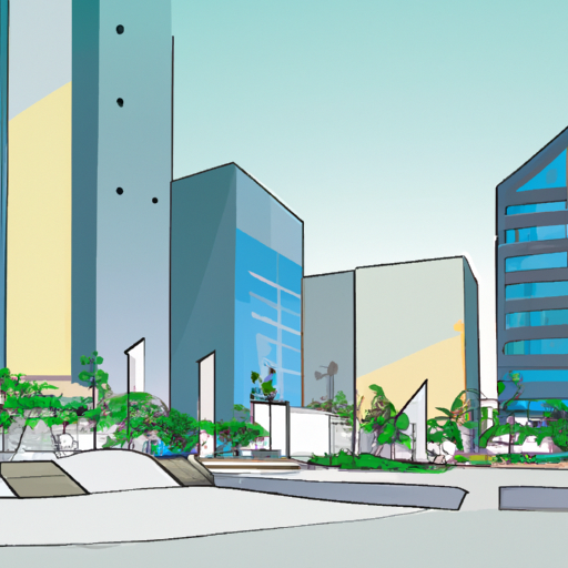 An illustration of a modern plaza surrounded by tall buildings
