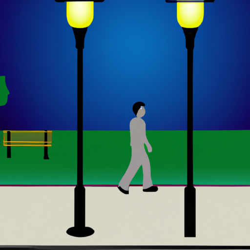 An illustration of a pedestrian walking along a sidewalk with street lamps on either side in the evening