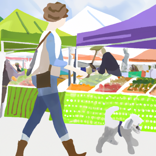 an illustration of a pup and a person walking around a farmers market