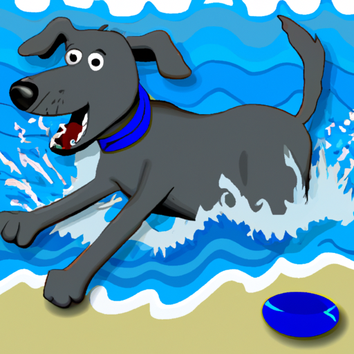 an illustration of a dog playing fetch in the ocean waves
