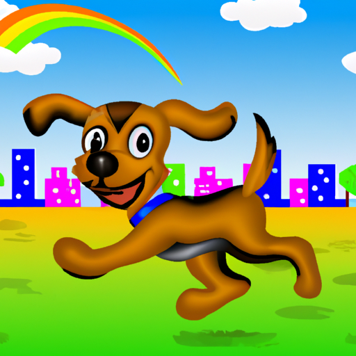 an illustration of a pup running through a park with a colorful skyline in the background