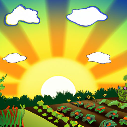 Illustration of a sun setting over a garden of vegetables