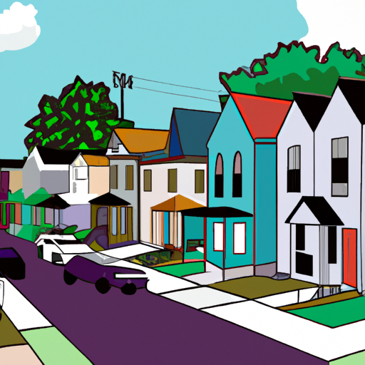 An illustration of a street in Austin with a variety of residential homes