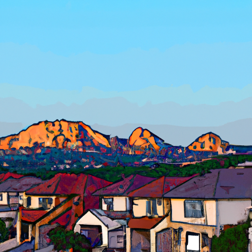 An illustration of a sunlit mountain range in the background of an Austin neighborhood